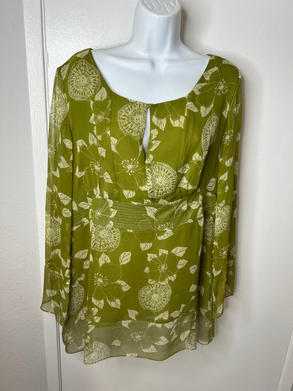 ICE Women's 100% Silk Floral Print Chiffon Tunic Blouse w/Liner Green ~ Size L